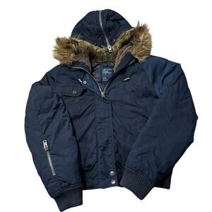 Y2K American Eagle Faux Fur Hooded Puffer Jacket Navy Blue Cropped Bomber Size L